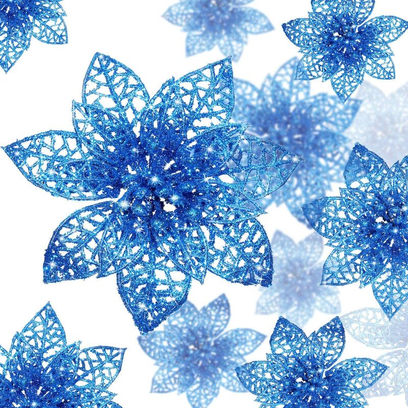 

24pcs Glitter Poinsettia Adorno de árbol de Navidad Adorno de decoración de flores de Navidad (Azul)