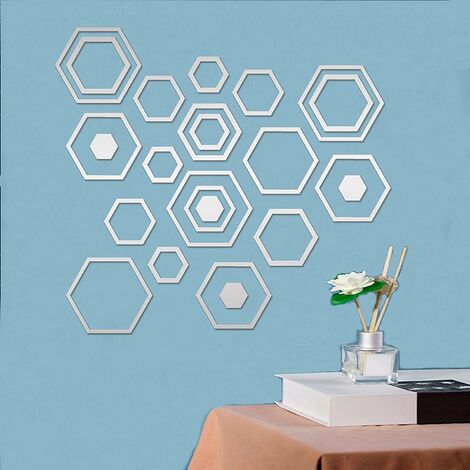 24pcs Miroir Wall Decor, Carré Miroir Carreaux Miroir Autocollants pour Salon Décoration Murale, Miroir Stickers Muraux pour Sticker Décoration Murale (Hexagone)