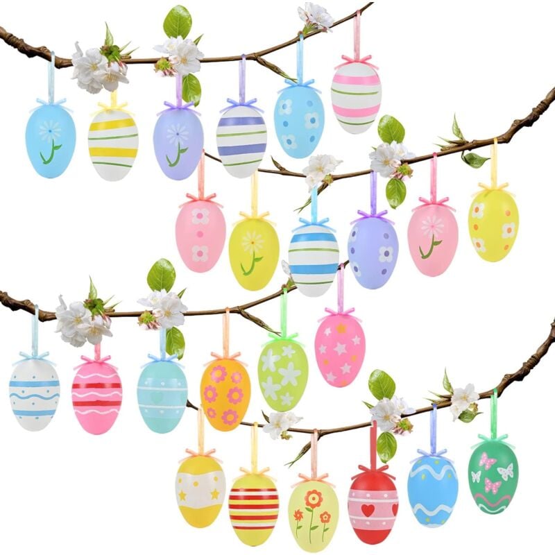 24PCS Oeufs de Pâques Decoration, Oeufs en Plastique Peints, Oeufs Suspendus avec Corde pour Arbre École Maison Bureau de Fête Décoration, Parfait