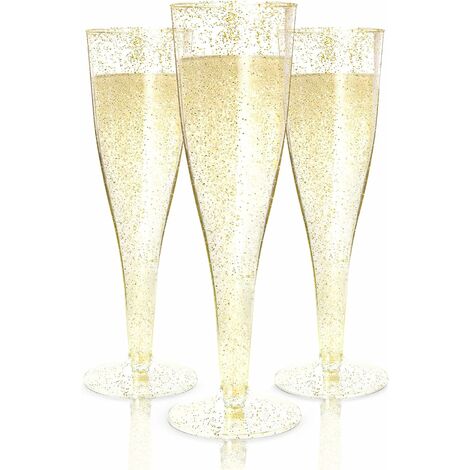 24pcs verres à champagne pétillants dorés, verres à champagne en plastique de 200 ml verres à vin sans pied réutilisables pour mariage anniversaire douche garden party (5,5 x 21,8 cm)