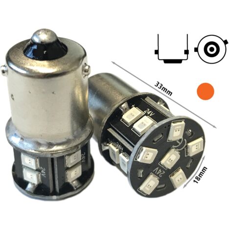 24V Lampada LED BAU15S R5W PY21W Arancione 16 SMD 2835 Piedi Storti Frecce No Polarità 360° Durata Garantita
