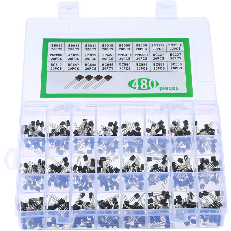 

24Values ​​480PCS NPN PNP Transistor TO-92 Power Transistores de uso general Kit surtido 2N2222-BC558