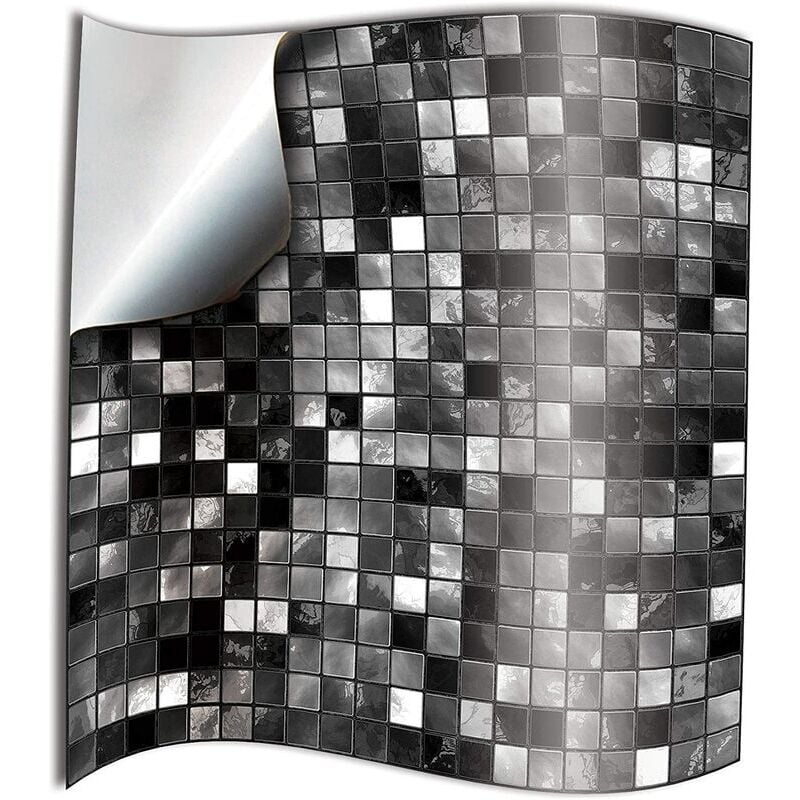 24x autocollants de carrelage pour salle de bain et cuisine 10x10cm film adhésif mosaïque noir et blanc autocollants de carrelage 2D pour murs décor