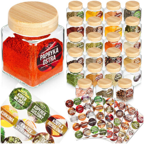 24x Gewürzbehälter für die Küche, Gläser + Etiketten