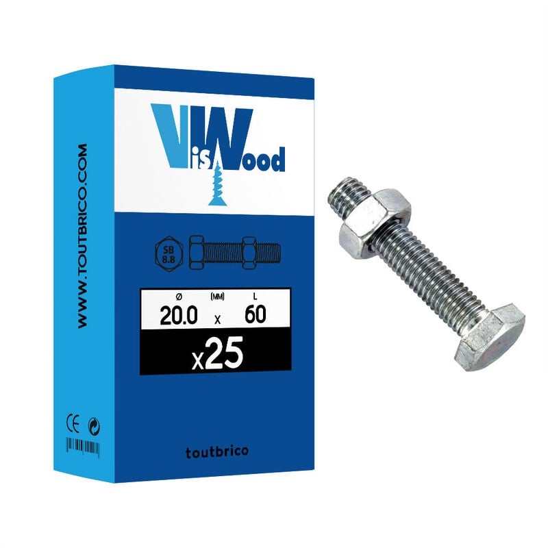 25 boulons 20 x 60mm sb 8.8 galvanisé Viswood