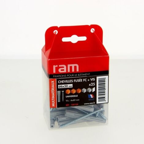 25 chevilles FUSÉE nylon tous matériaux Ø6 x 50 mm avec vis - Ram