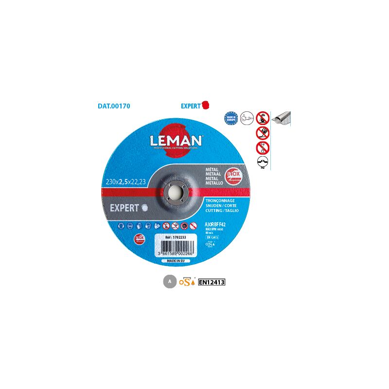 Leman - Boite de 25 disques à tronçonner déporté métal Inox Expert ø 125 Alésage 22,23 Ep. 2,5mm