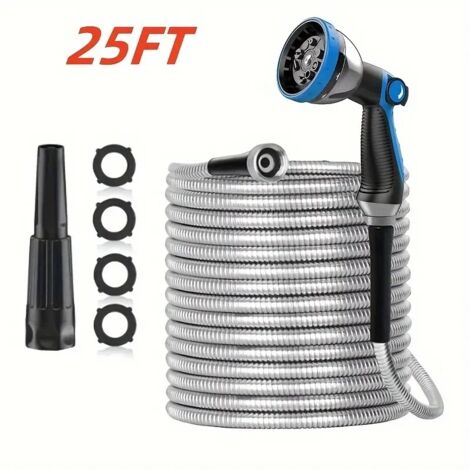 25-foot 304 Stainless Steel Garden Hose, Hose Connector, Garden Water Hose Extender, Metal Material, Heavy Duty Hose, with Sprayer, Suitable for Patio and Outdoors - Flexible and Durable, Knot-Free an