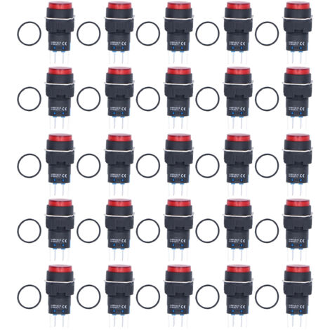 25 Interrupteurs à Bouton Momentanés et Auto-Bloquants 16mm avec LED Rouge 12V pour Panneau de Commande