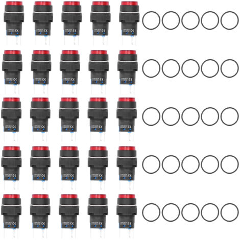 25 Interrupteurs à Bouton Poussoir Auto-Blocants 16mm Lumineux 220V Rouge - 5 Broches