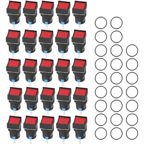 25 Interrupteurs à Bouton-Poussoir Auto-Blocants Carrés Lumineux 16mm 220V 5A Rouge