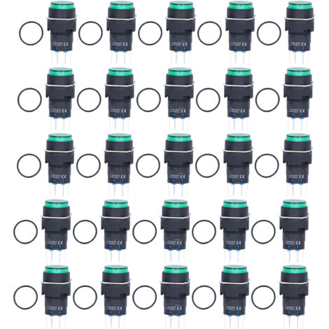 25 interrupteurs à bouton-poussoir momentanés autobloquants à 8 broches ronds avec voyant lumineux 24 V BEMLA1622DSY 16 mm (vert)