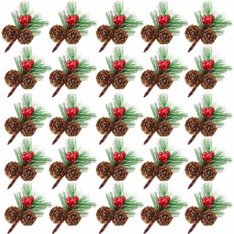 25 mini bastoncini di pino artificiali con bacche rosse naturali e pigne, rametti di pino natalizio sempreverdi e bacche di agrifoglio, aghi di pino finti da festival