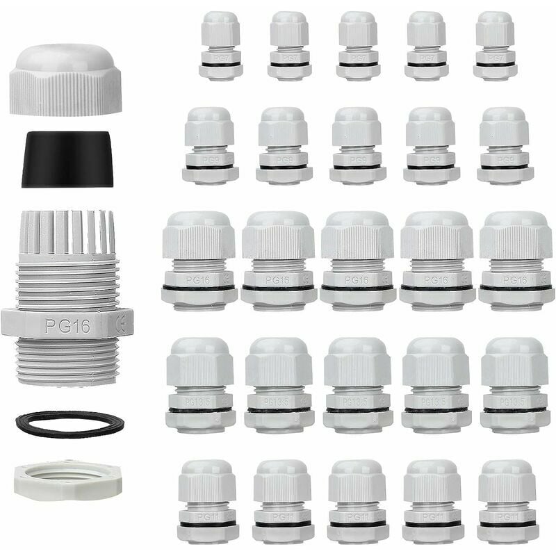 25 Pack Waterproof Cable Glands Adjustable PG7 PG9 PG11 PG13.5 PG16 Cable Connectors Filler Nuts Plastic Gaskets with Washer White