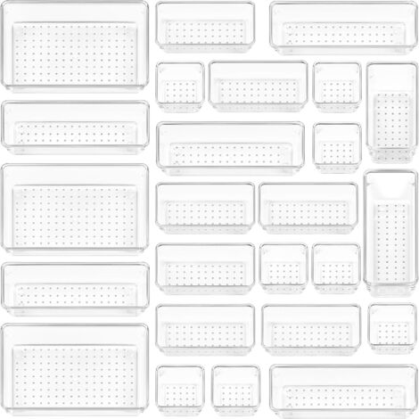 25 PCS Clear Plastic Drawer Organizers Set, 4-Size Versatile Bathroom and Vanity Drawer Organizer Trays, Storage Bins for Makeup, Bedroom, Kitchen Gadgets Utensils and Office