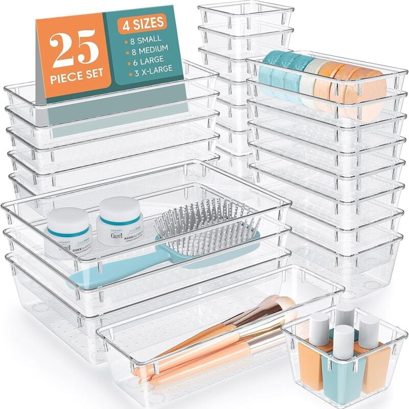 Sinbinta - 25 pcs Organisateurs de Tiroirs en Transparent,avec 4 tailles Organisateur de coiffeuse, organiseur de maquillage transparent antidérapant