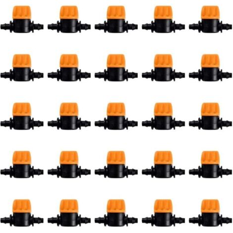 25 pezzi 4/7 valvola di irrigazione, mini valvole di controllo per tubo da giardino da 4/7 mm, valvole di intercettazione a coste da 1/4 di pollice per tubo di irrigazione a goccia, mini valvola a cro