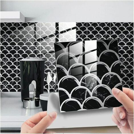 25 pièces 3D carrelage autocollants cuisine salle de bain noir blanc écailles de poisson étanche à l'huile Blacksplash Stickers muraux