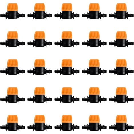 25 Pièces 4/7 Vanne D'irrigation, Mini Valves de Contrôle pour Tuyau d'arrosage 4/7mm, Valves d'arrêt Cannelées 1/4 Pouce Tuyau d'irrigation Goutte à Goutte, Mini Tuyau Vanne d'eau Travers