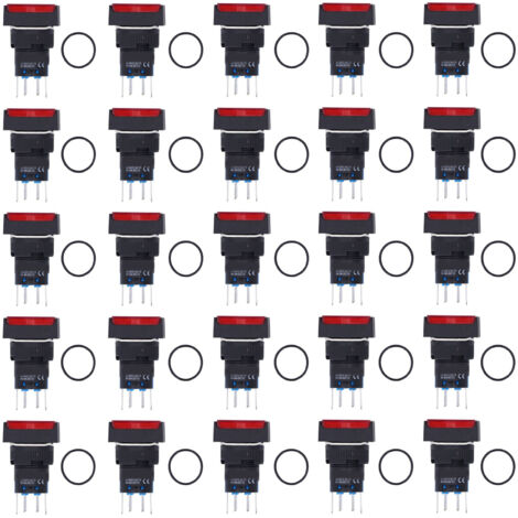 25 pièces Micro carrés bouton poussoir interrupteur en laiton ABS interrupteurs autobloquants avec lumière 16mm 12V rouge
