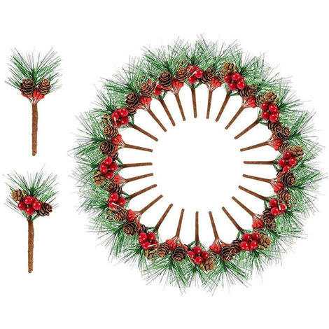 25 pièces Petites branches de sapin artificielles avec baies et pommes de pin Baies de Noël Pommes de pin branches de baies Décoration de Noël pour bricolage fleurs de Noël