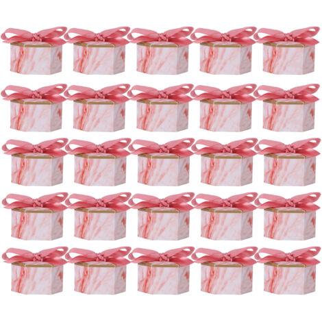 25 sechseckige Schachteln für Süßigkeiten, Pralinen, Kekse, Gastgeschenke für Hochzeiten, Partys, rosa Schleife