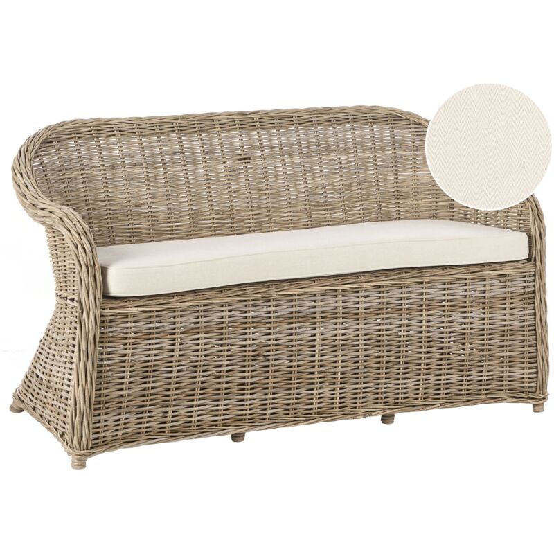 Beliani 2.5-sitzer Gartensofa Naturfarben Rattan Mit Armlehnen Auflage Hellbeige Baumwolle Terrasse Balkon Außen Wohnzimmer Gartenmöbel Im Retro Stil