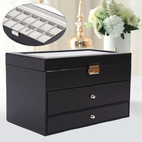 25 slots Boîte à montres avec couvercle en verre Boîte à bijoux Boîte organisateur lunettes de soleil