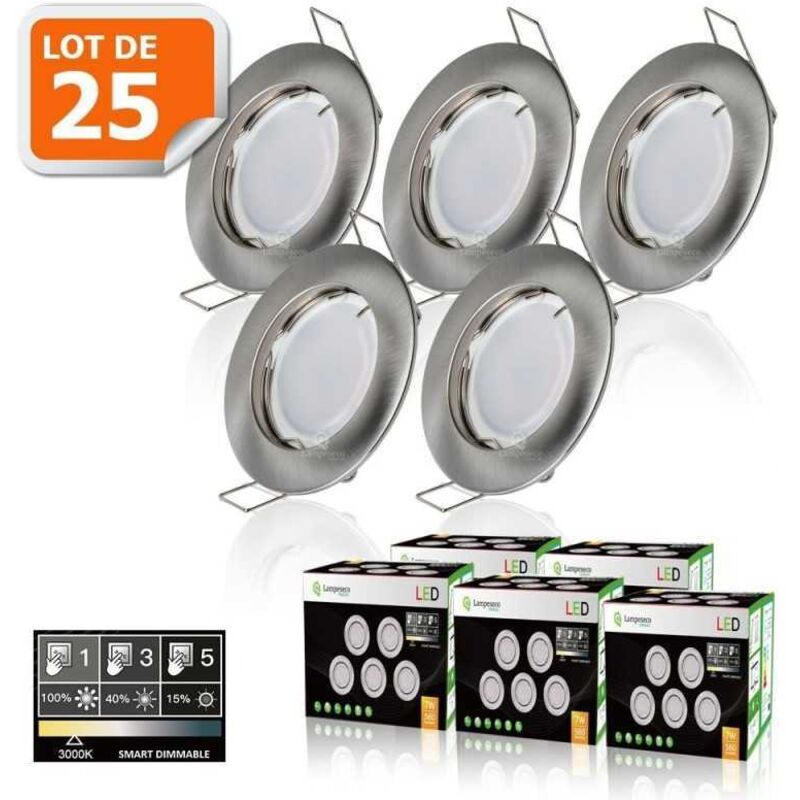 25 Spots led 3-step dimmable sans variateur 7w eq.56w blanc chaud finition alu brossé