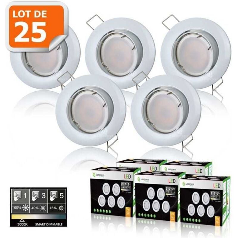 25 Spots led 3-step dimmable sans variateur 7w eq.56w blanc chaud orientable finition blanc