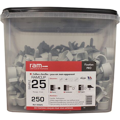 250 colliers cheville RAMCLIP simple gris pour tube nu Ø25 - RAM