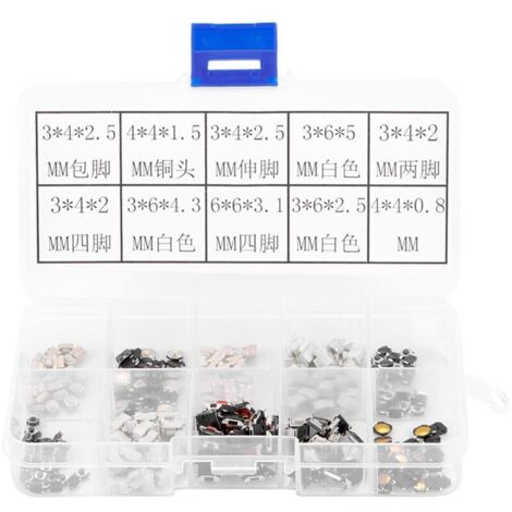 250 pcs 10 Types Tactile Push Button Micro Momentary Tact Switch Assortment Kit with Plastic Box for Car Remote Key.