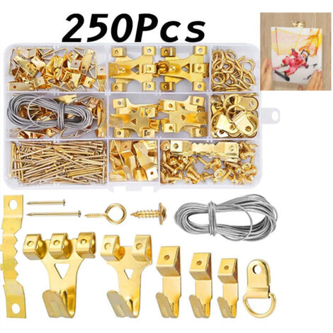 250 Piece Picture Frame Hanger Set, Picture Frame Hanging Kit with Screws, Nails, D-Rings & Eyelets, Sawtooth Hooks & Steel Cable
