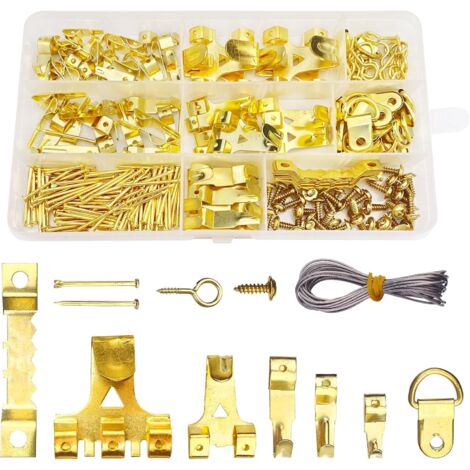 250 piezas de colgadores de pared para cuadros, colgadores de marcos, fijaciones para marcos, ganchos de pared, ganchos para hormigón, kit de montaje en pared dorado con clavos, cable de acero, tornil