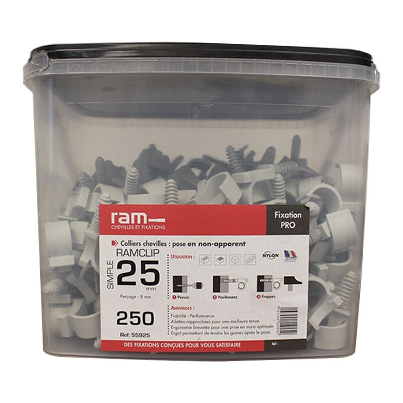 250 colliers cheville RAM clip simple gris pour tube nu Ø25 RAM