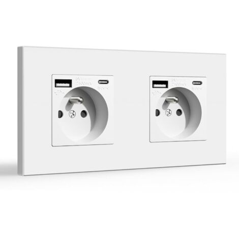 250V/16A Double Wall Outlet with USB and Type-C Ports – 5V/2.1A, Plastic Panel, Standard White Electrical Outlet, Compatible with iPhone, iPad, and Galaxy