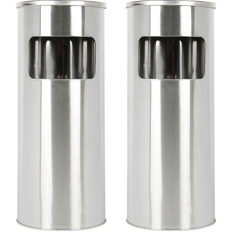 Lot de 2 Poubelles 30L Poubelle ronde verticale en acier inoxydable de avec Cendrier Extèrieur Intérieur 25×25×60cm argent