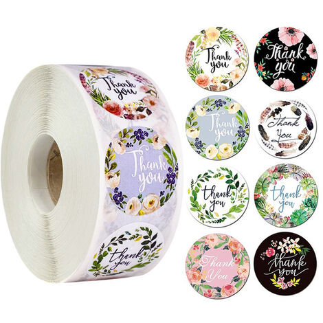 2.5cm 500pcs Autocollant Merci Auto-Adhésifs, Stickers Merci Rond, Thank You Stickers Motif floral, Sticker Étiquette Décoration Cadeau, Mariage Fête,Enveloppe（2 rouleaux）
