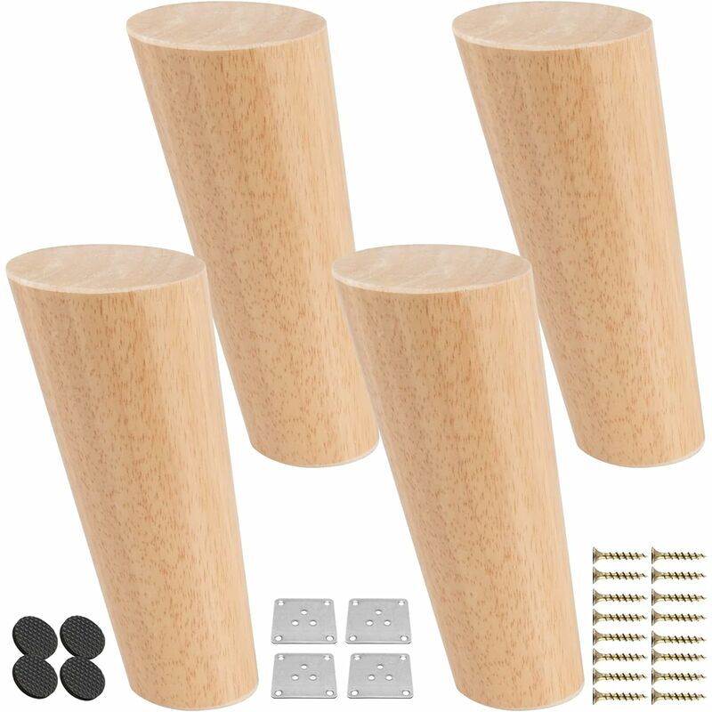 Start - 25CM Pieds De Meubles En Bois, 4 pcs Pieds De Table Inclinés Coniques Avec Plaque de Montage & Vis,Remplacement Pieds De Lit En Chêne Pour