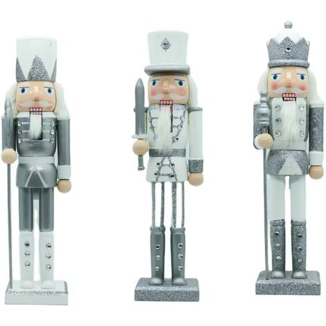 25cm Silver and White Glitter Wooden Nutcrackers - 3pcs Set - Soldiers King Puppet Figurines Christmas Decoration