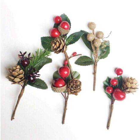 25er-Pack 4-Zoll-Mini-Weihnachtsbaumspieße, rote Beerenstiele, künstliche Tannenzweige, für Kranz, Winterdekoration