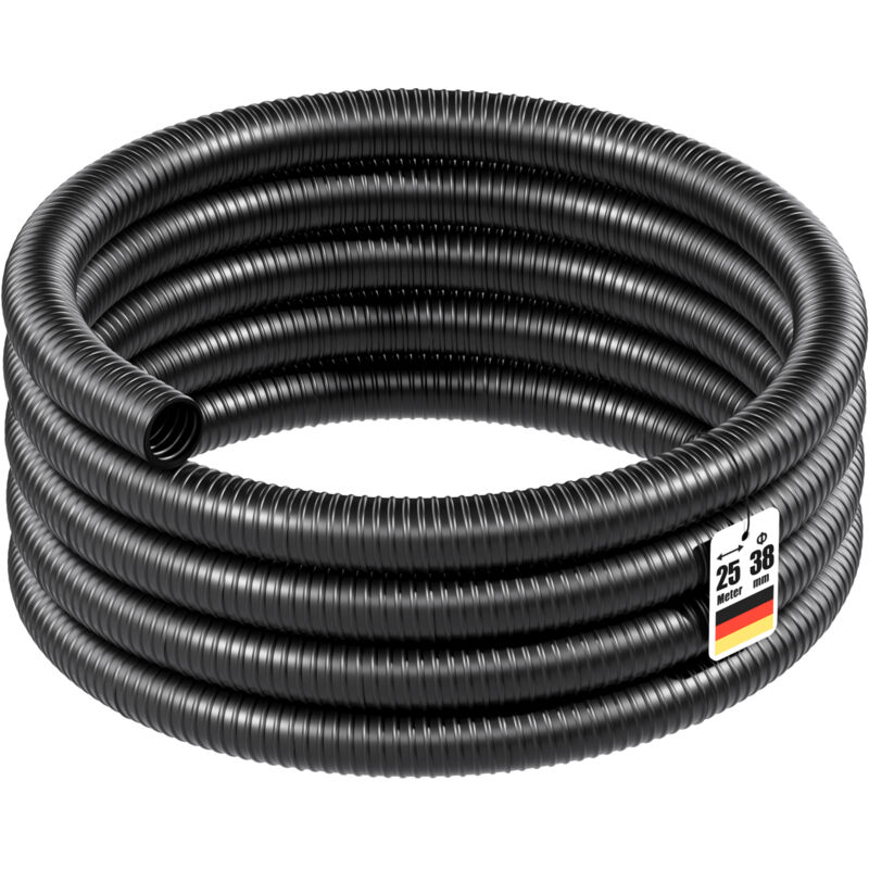 Tuyau d'aspiration noir – 25 m / ø 38 mm (1 1/2') / 260 g/m – avec Spirale de renforcement – Tube souple sans pression en pvc – pour Arrosage