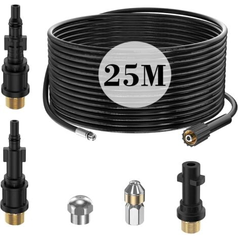 IKODM 25M Tuyau Déboucheur Canalisation Nettoyage Haute Pression pour Kärcher K2 K3 K4 K5 K6 K7 HD HDS, 180Bar Kit Furet Professional avec Buse Rigides + Rotatives,Adaptateur pour Lavor Parkside & Bosch Aqt