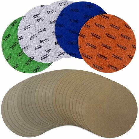 25ps Rond Papier de Verre, Disques de Ponçage à Sec Ronds Humides à l'eau Grain, Disques Abrasifs Auto Agrippants pour Ponceuse Electrique 3000/4000/5000/7000/10000,