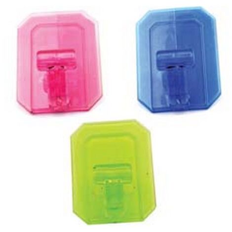 25PZ GANCI GIGANTI ADESIVI IN PLASTICA TRASPARENTI COLORI ASSORTITI - mm.59x78h.