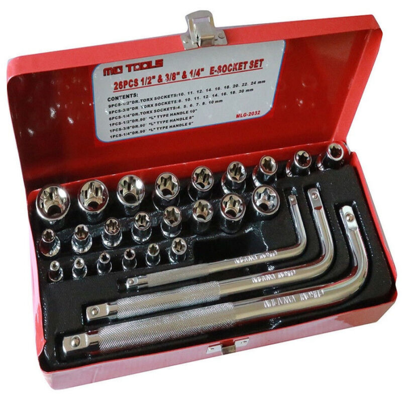 Trade Shop - 26 Chiavi Bussole Torx Femmina E4-e24 Prolunghe Attacco 1/2