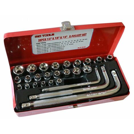 26 CHIAVI BUSSOLE TORX FEMMINA E4-E24 PROLUNGHE ATTACCO 1/2" 1/4" 3/8"