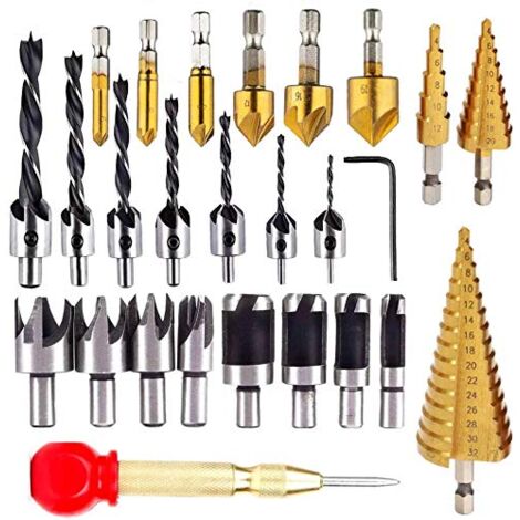 26-piece countersink drill bit set, 8 pieces wood dowel cutter drill bits, 7 pieces three-point drill bits, 6 pieces countersink drill bits, 3 pieces step cone drill bits