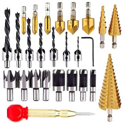 26 Pieces Countersink Drill Bit Set, 8 Pieces Wood Plug Cutter Drill Bits, 7 Pieces Tri-Point Drill Bit, 6 Pieces Countersink Drill Bit, 3 Pieces Step Cone Drill Bit