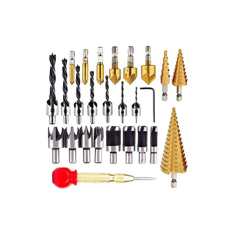 Memkey - 26 Pièces Ensemble De Forets à Fraiser, 8 Pièces Forets De Coupe-bouchon En Bois, 7 Pièces Mèche à Trois Pointes, 6 Pièces Foret à Fraiser,